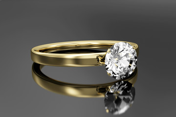 Golden Ring with Diamond on black reflective background. 3D Rendering