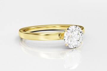 Golden Ring with Diamond on white reflective background