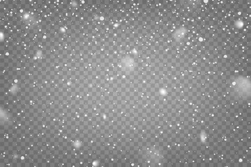 Realistic falling snow with snowflakes and clouds. Winter transparent background for Christmas or New Year card. Frost storm effect, snowfall, ice. Vector illustration.