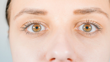 Obraz premium Macro image of human eye with contact lens. Woman's eye close-up. Human eye with long eyelashes with mascara. Cosmetics and makeup.