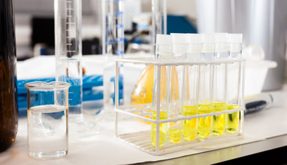 flasks, test tubes in chemical laboratory
