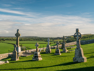 Rock of Cashel graveyard with celtic cross tombstones