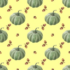 beautiful seamless background with pumpkins and autumn leaves and berries of rose hips and viburnum. Halloween. Can be used as background template for Wallpaper, fabric printing, packaging, etc.