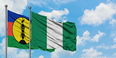New Caledonia and Nigeria flag waving in the wind against white cloudy blue sky together. Diplomacy concept, international relations.