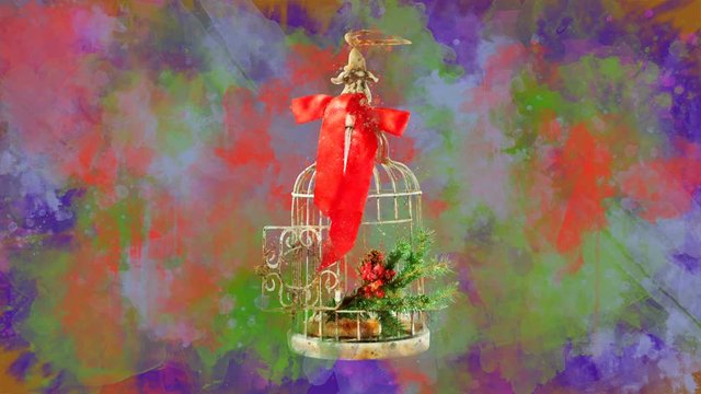 Watercolor Christmas decoration birdcage on the back-ground of colored blots.