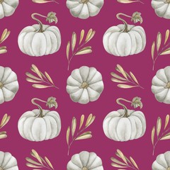 beautiful seamless background with pumpkins and autumn leaves and berries of rose hips and viburnum. Halloween. Can be used as background template for Wallpaper, fabric printing, packaging, etc.