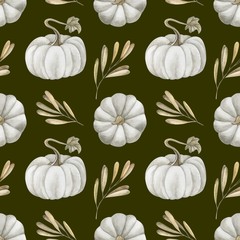 beautiful seamless background with pumpkins and autumn leaves and berries of rose hips and viburnum. Halloween. Can be used as background template for Wallpaper, fabric printing, packaging, etc.
