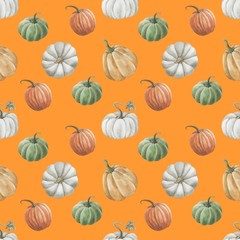 beautiful seamless background with pumpkins and autumn leaves and berries of rose hips and viburnum. Halloween. Can be used as background template for Wallpaper, fabric printing, packaging, etc.