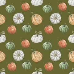 beautiful seamless background with pumpkins and autumn leaves and berries of rose hips and viburnum. Halloween. Can be used as background template for Wallpaper, fabric printing, packaging, etc.