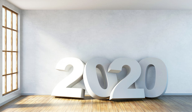 New Year 2020 Concept. Modern Empty Room 3D Interior with 2020 near the wall and Large Windows. 3D Rendering
