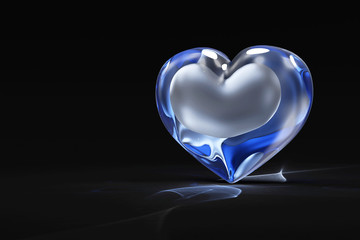 Blue Glass Heart with Light Effect on black background. Love and Romantic concept
