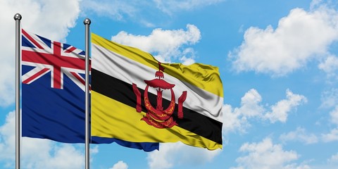New Zealand and Brunei flag waving in the wind against white cloudy blue sky together. Diplomacy...