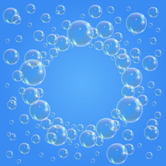 Soap bubble on blue background. Banners of transparent foam bubble, great design for social media and print.