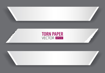 Papers strips with torn edges. Pieces of ripped white paper and soft shadow for web and print.