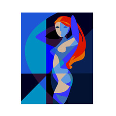 Colorful abstract background, cubism art style, woman in blue