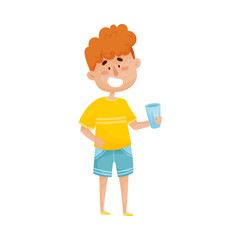 Young Red-haired Boy Character Standing and Holding Glass with Water in His Hand Vector Illustration.