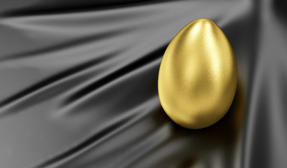 Success Symbol or Happy Easter Concept. Big Golden Egg on black silk fabric. 3D rendering