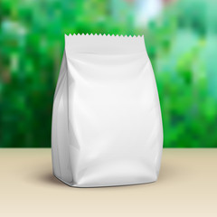 Mockup Blank Stand Up Pouch Snack Sachet Bag. Mock Up, Template. Green Summer Garden Background. Ready For Your Design. Product Packaging. Vector EPS10