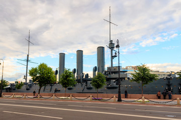 Old revolutionary Aurora cruiser,  the symbol of the October revolution, currently preserved as a...