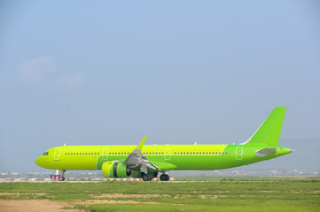 airport airplane landing green runway one modern