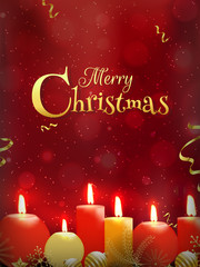 Merry Christmas celebration greeting card design with illuminated candles, pine leaves, snowflake and baubles decorated on red lighting effect background.