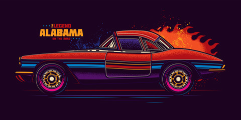 Original vector illustration in neon style. Retro car on the background of a bright flame of fire.