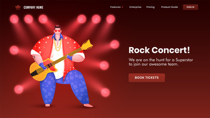 Rock Concert landing page design with illustration of man playing guitar and spotlight focus on brown background.