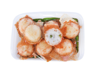 Coconut pudding Thai traditional dessert or kanom krok   in foam box top view isolated on white background and clipping path