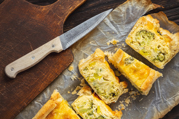 Broccoli, cheese and leek tart, vegetarian cuisine.