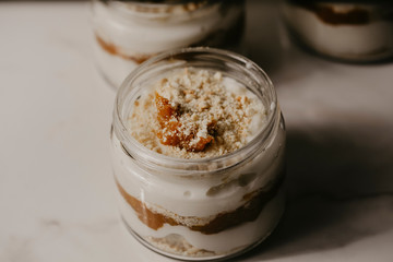 Pumpkin  magnolia dessert. Delicious magnolia dessert in glass bowl. close up