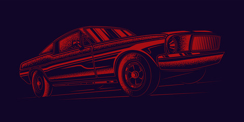 Fototapeta premium Original vector retro print car rides on the road. T-shirt design