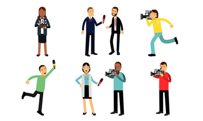 Journalists And Cameraman Filming News Or Movie. Assistant director With Clapperboard Vector Illustration Set Isolated On White Background