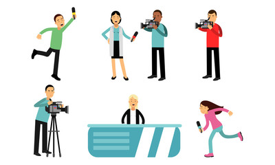 Fototapeta na wymiar Filming News Release In The Studio Or From The Event Place Vector Illustration Set Isolated On White Background