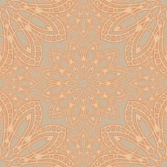 Seamless pattern floral ornament. Golden islamic textile print. Mandala vector design. Oriental background with luxury pattern. Retro design.