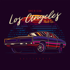 Original vector illustration of American muscle car in retro neon style against sunset and palm trees