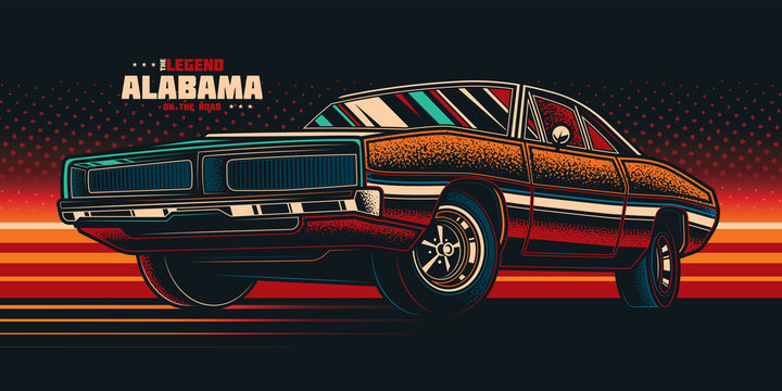Original vector illustration in neon style. American muscle car on a bright background in the style of 80-90's