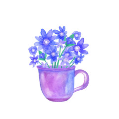  mug with flowers. Spring flowers. Watercolor tea utensils