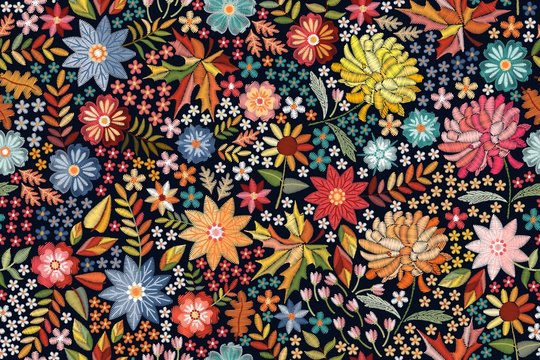 Embroidery. Ditsy floral seamless pattern with colorful flowers and leaves on black background. Beautiful print for fabric and textile.