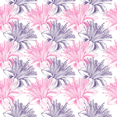 feijoa flower seamless vector pattern. Pink and Violet romantic colors floral pattern for valentines day love design. Fabric textile surface or backdrop