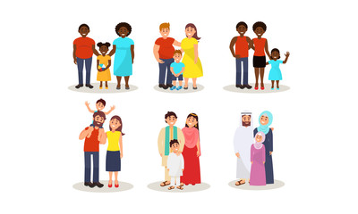 Set With Different Ethnic Families With Husband, Wife And One Child Vector Illustration