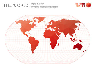 Polygonal map of the world. Kavrayskiy VII pseudocylindrical projection of the world. Red Shades colored polygons. Trending vector illustration.