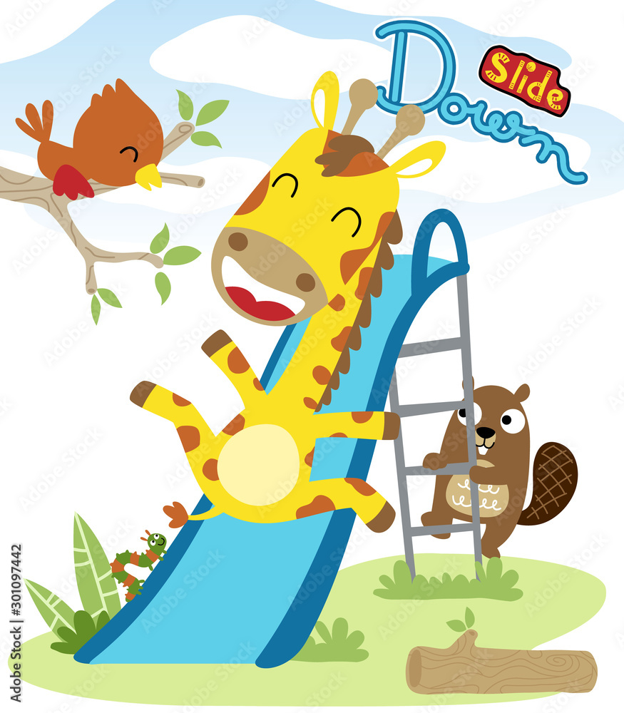 Wall mural happy animals cartoon playing slide down