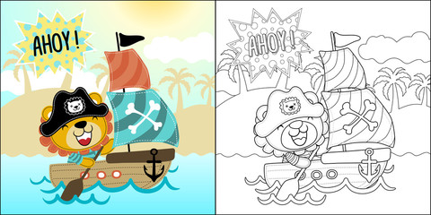 vector cartoon of cute pirate on sailboat, coloring book or page