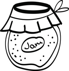 Single hand drawn element jar with jam for New Year or autumn greeting cards, posters, stickers and seasonal design. Isolated on white background. Doodle vector illustration.
