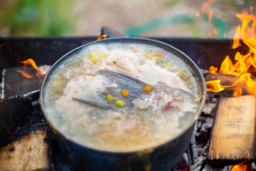 Fototapeta na wymiar fish soup on fire 