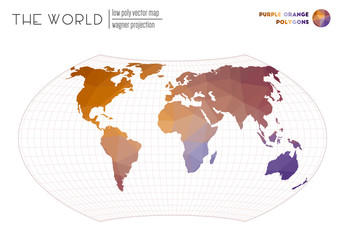 World map with vibrant triangles. Wagner projection of the world. Purple Orange colored polygons. Elegant vector illustration.