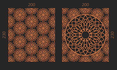 Laser cutting set. Woodcut vector trellis panels. Plywood lasercut floral design. Hexagonal seamless patterns for printing, engraving, paper cut. Stencil lattice ornaments.