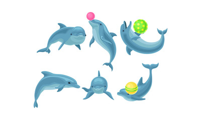 Cute Blue Dolphins Made Tricks With Balls Vector Illustration Set