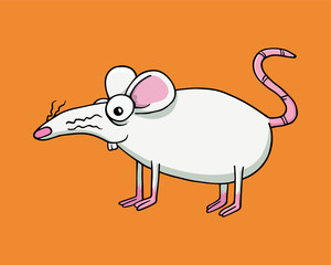 White albino rat or mouse staying on feet sideview and smiling. Vector Illustration isolated on flat orange background for kids book or for chinese new year of the rat. For children