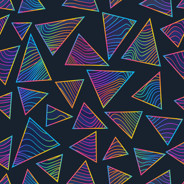 Rainbow triangles with neon lines. Seamless pattern
